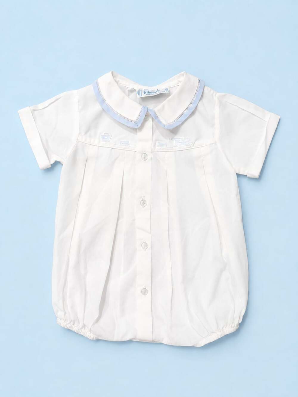 Feltman Brothers White and Blue Train Embroidered Bubble Romper 3M